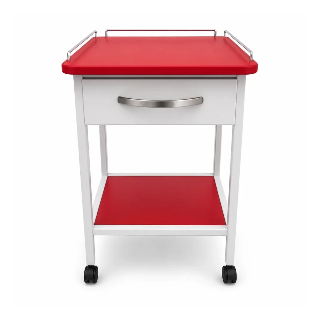Guéridon avec tiroir GM2, surface rouge et quatre roues – MMH Design