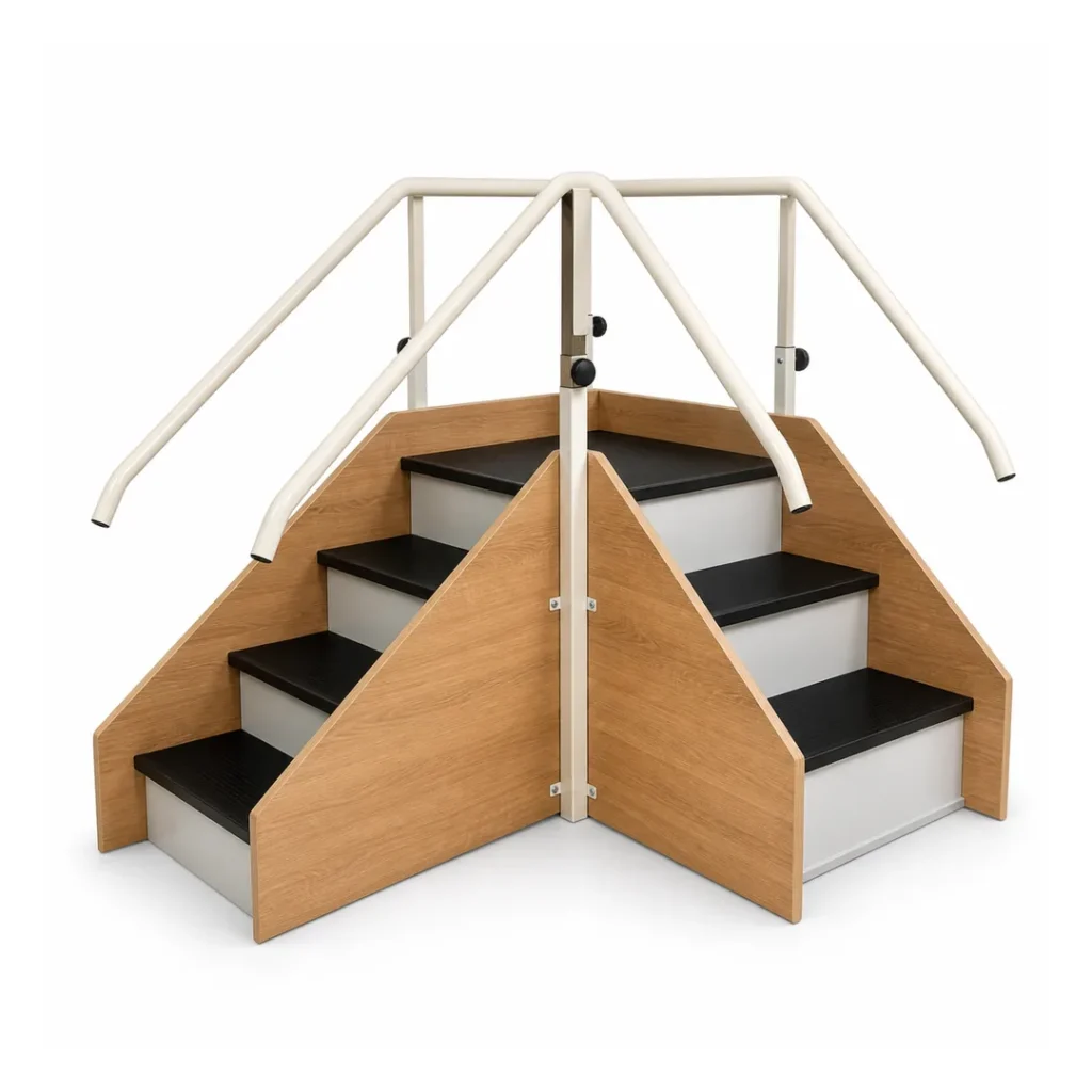 Escalier d'angle de rééducation ES-ANG avec deux volées et mains courantes