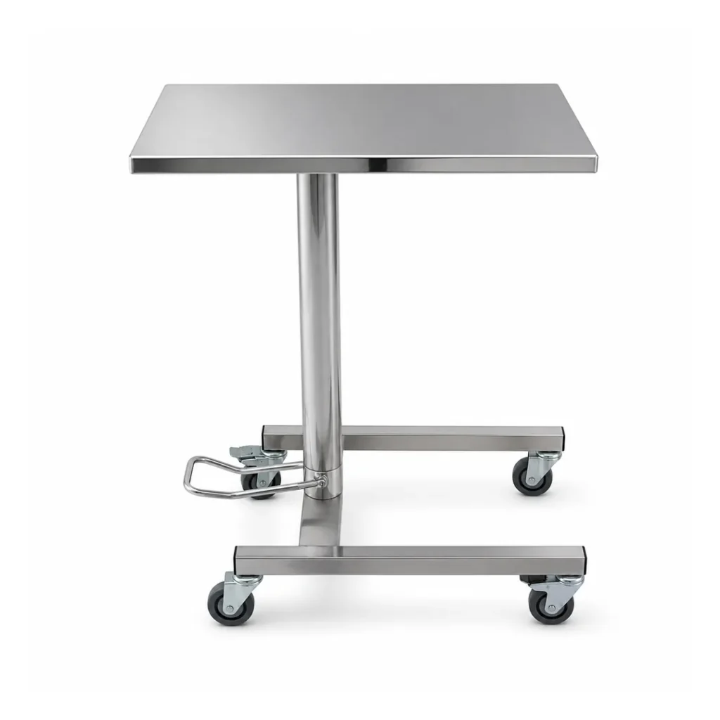 Table Mayo hydraulique T-MAYO en inox 304L sur quatre roulettes