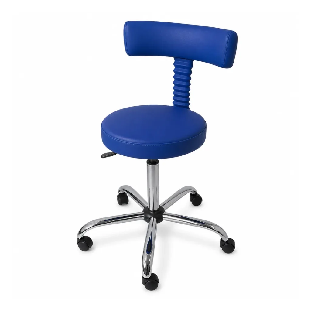 Tabouret avec dossier TAD10A bleu sur piètement à cinq roulettes